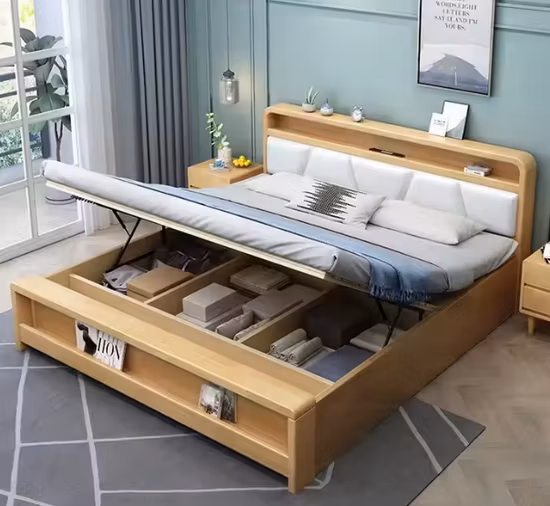 Cama tamaño king de madera con mechones de terciopelo para muebles de dormitorio de diseño moderno de lujo
